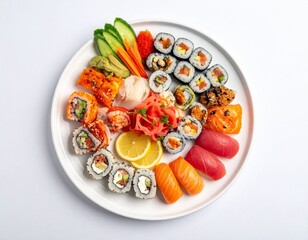 AI-generated illustration of sushi including nigiri and rolls on a slate platter