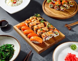 AI-generated illustration of sushi including nigiri and rolls on a slate platter