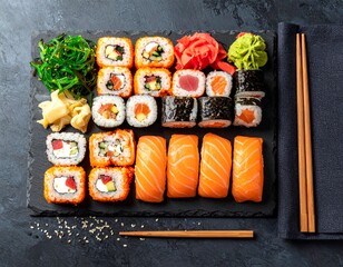 AI-generated illustration of sushi including nigiri and rolls on a slate platter