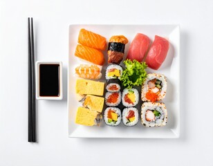 AI-generated illustration of sushi including nigiri and rolls on a slate platter