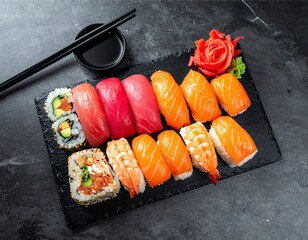 AI-generated illustration of sushi including nigiri and rolls on a slate platter