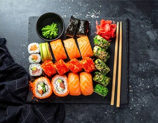 AI-generated illustration of sushi including nigiri and rolls on a slate platter