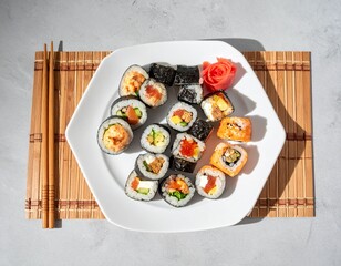 AI-generated illustration of sushi including nigiri and rolls on a slate platter