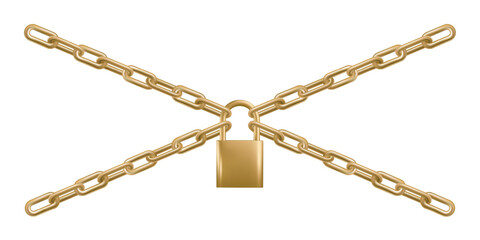 3d straight golden chain, locked by padlock. Website closed icon, blocked hyperlink. X shaped unavailable link, strong security protection. Repeated rings connect to hold credit card, secret password