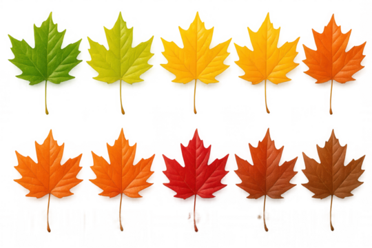 Vibrant maple leaves transitioning through autumn color palette, arranged on clean transparent backdrop