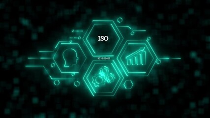 Digital iso certification concept with animated futuristic blue circuitry 4k videoanimation - Powered by Adobe