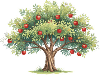 Apple Tree Vector with Green Leaves and Red Fruit for Nature Education, Botanical Illustration, Farming, and Children&rsquo;s Learning Materials
