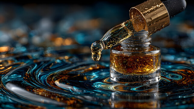 Luxurious skincare serum droplet suspended above reflective water featuring rich blue and gold tones