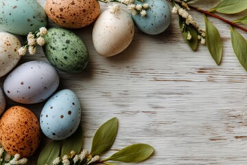 Obraz premium Colorful Speckled Easter Eggs Arranged With Leaves on Rustic Wooden Background.