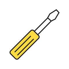 Screwdriver Icon: Flat vector illustration of a hand tool with yellow handle, used for repair, maintenance, construction, and DIY projects.