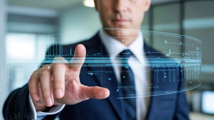 Businessman interacting with futuristic digital interface and data streams touching screen