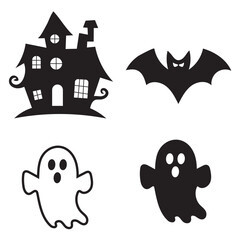 Halloween Silhouette Icons Set with Haunted House, Bat, and Ghosts