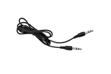 A standard black 3.5mm audio jack cable, tangled in a slight loop, on a white back