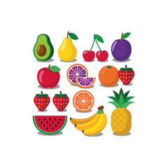 Colorful Set of Cartoon Fruit Icons on White Background