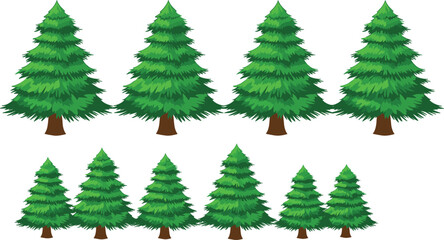 Cartoon evergreen tree vector set with layered green foliage and brown trunks for forest, nature, education, and environmental design themes