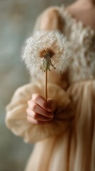Fototapeta premium Girl Holding Dandelion Fluff in Gentle Sunlight With Soft Fabric Attire in a Serene Indoor Setting