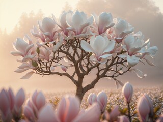 Serene Sunrise: Magnolia Tree in Bloom