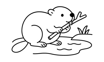 Playful beaver holding a branch line art for coloring
