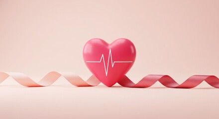 A pink heart with a cardiogram line on a pastel pink background with a ribbon