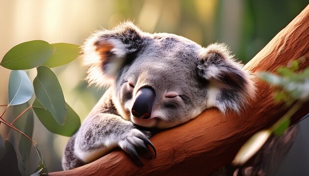 sleeping koala a fluffy koala nestled amidst lush foliage a peaceful scene captures the beauty of wildlife in its natural habitat - Powered by Adobe