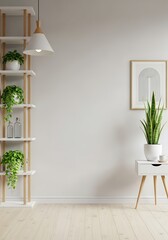 Minimalist interior with plants, shelving, and a side table against a white wall.