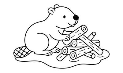 Cute beaver building dam with logs in outline style for kids coloring