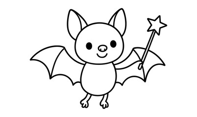 Cute bat holding magic wand in simple black and white line art design