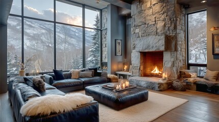 Cozy Living Room With Fireplace and Mountain View During Winter Evening