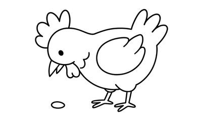 Fototapeta premium Cute cartoon chicken pecking grain in simple outline style for kids' coloring books