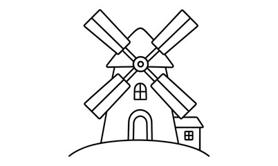 Outline windmill on hill with cottage: simple black and white design