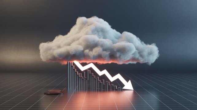 A stormy cloud looms over a falling stock market graph with a downward arrow symbolizing economic crisis.