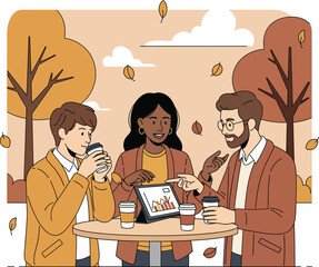 Diverse friends enjoying autumn outdoor cafe together discussing tablet vector