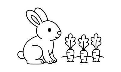Cute rabbit with carrot patch in simple line art style