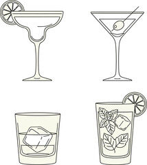 Four classic cocktail glasses depicting popular drinks in outline sketch style vector