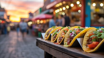 Closeup of freshly made tacos displayed on a wooden surface at a bustling street market during sunset