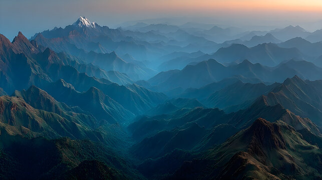 Captivating aerial landscape of blue and brown mountain ranges softly layered under gentle light