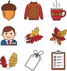 Autumn collection icons set featuring acorn sweater coffee mug person leaves tag and checklist vector