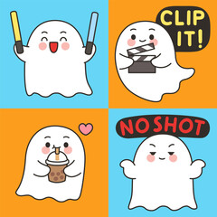 Cute Ghost Emotes Set with Lightsticks, Clip It Text, Drinking Boba, and No Shot Expression