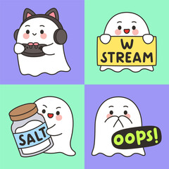 Cute Ghost Emotes Set with Cat Headset Gamer, W Stream Sign, Salt Shaker, and Oops Expression