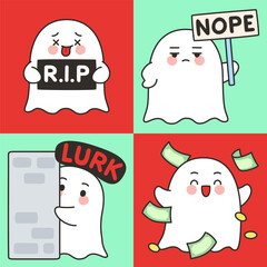 Cute Ghost Emotes Set with RIP Tombstone, Nope Sign, Lurk Behind Wall, and Money Celebration