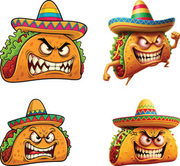 Four angry cartoon tacos wearing sombreros isolated on white background
