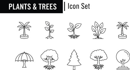 Plants and trees icon set with stylized black line illustrations for nature, environment, education, gardening, and eco-friendly design themes