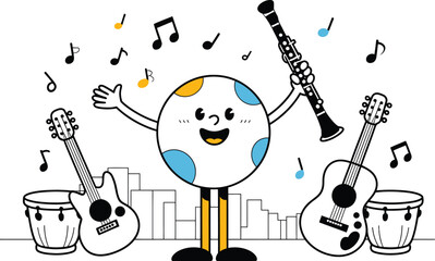 Joyful character with musical instruments celebrates with energetic music notes floating around