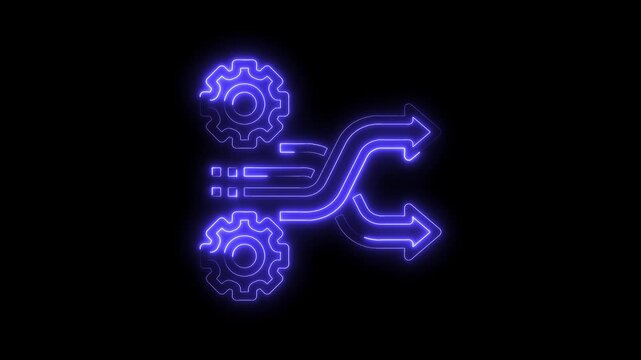 Abstract neon technology process animation with gears and dividing arrows on black background