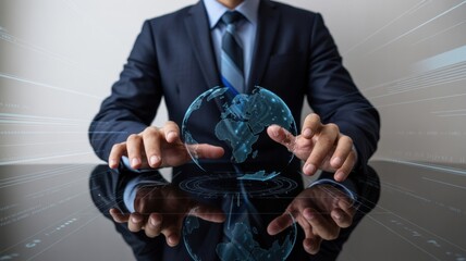 Businessman interacting with futuristic holographic globe technology concept