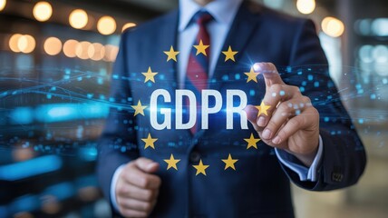 Businessman touches gdpr text on screen representing eu data privacy law compliance and digital security
