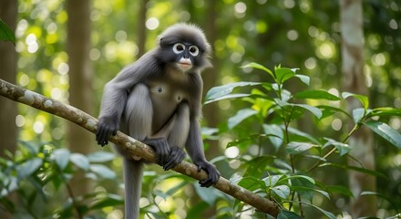Obraz premium Dusky Langur Monkey Perched on Branch in Forest.