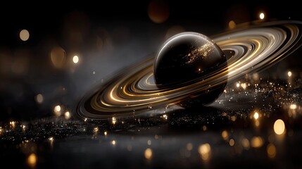 A distant planet with distinctive rings floats amidst a sparkling cosmic environment filled with glowing particles and vibrant colors