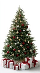 A beautifully adorned tree with golden ornaments and a garland is surrounded by neatly wrapped gifts, creating a festive atmosphere
