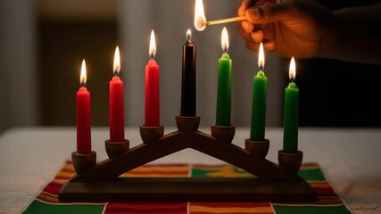 Hand lighting black candle on Kwanzaa kinara with colored candles   - Powered by Adobe